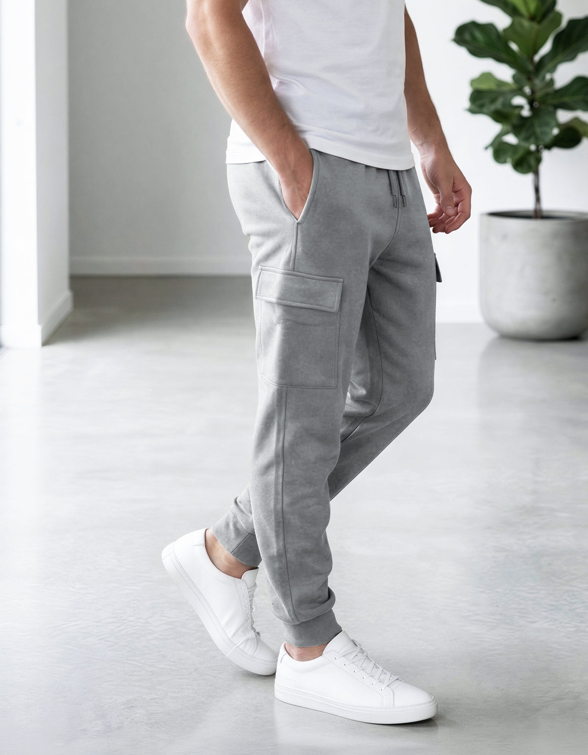 Pants Jogger Cargo Hombre Fleece con Bolsillos Laterales color Gris Jaspe