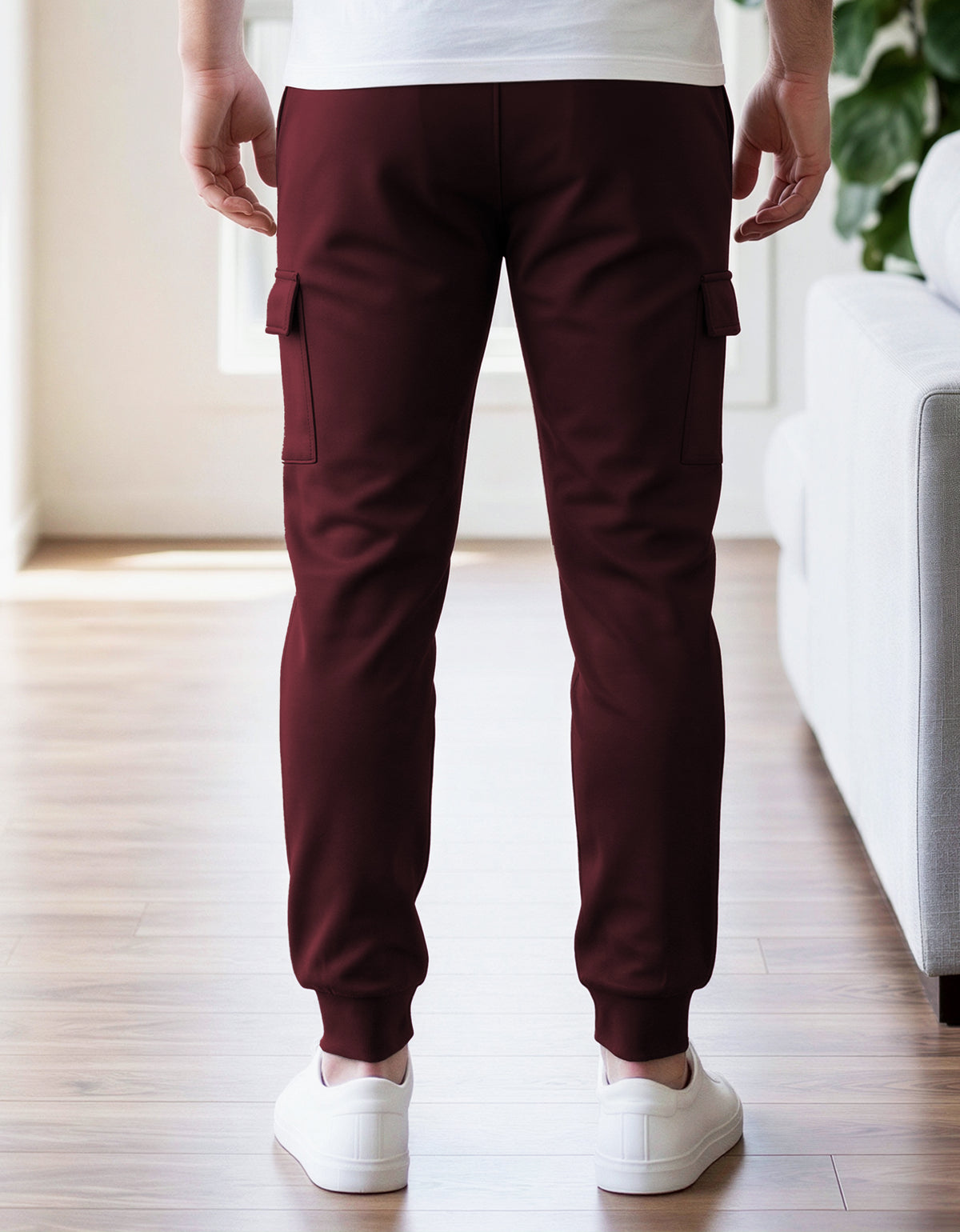 Pants Jogger Cargo Hombre Fleece con Bolsillos Laterales color Vino