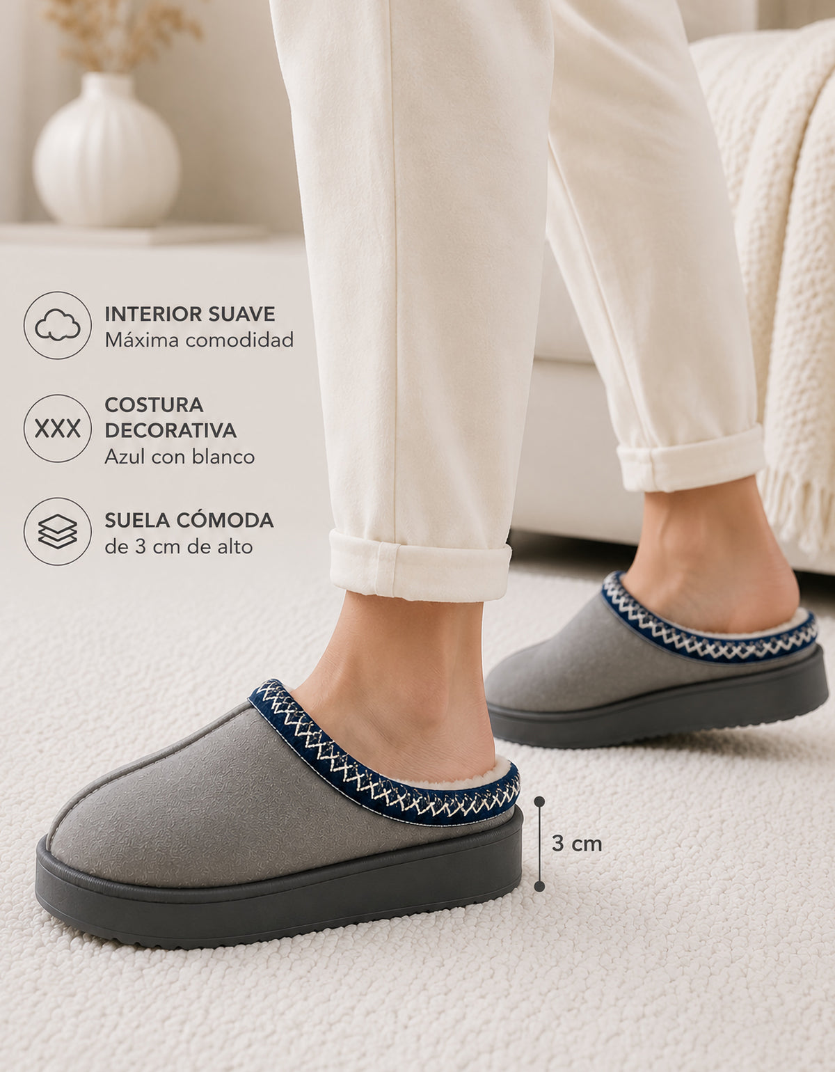 Pantuflas Cerradas Suaves Antiderrapantes color Gris