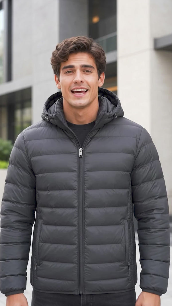 Chamarra Acolchada Hombre Impermeable con Capucha Desmontable · video