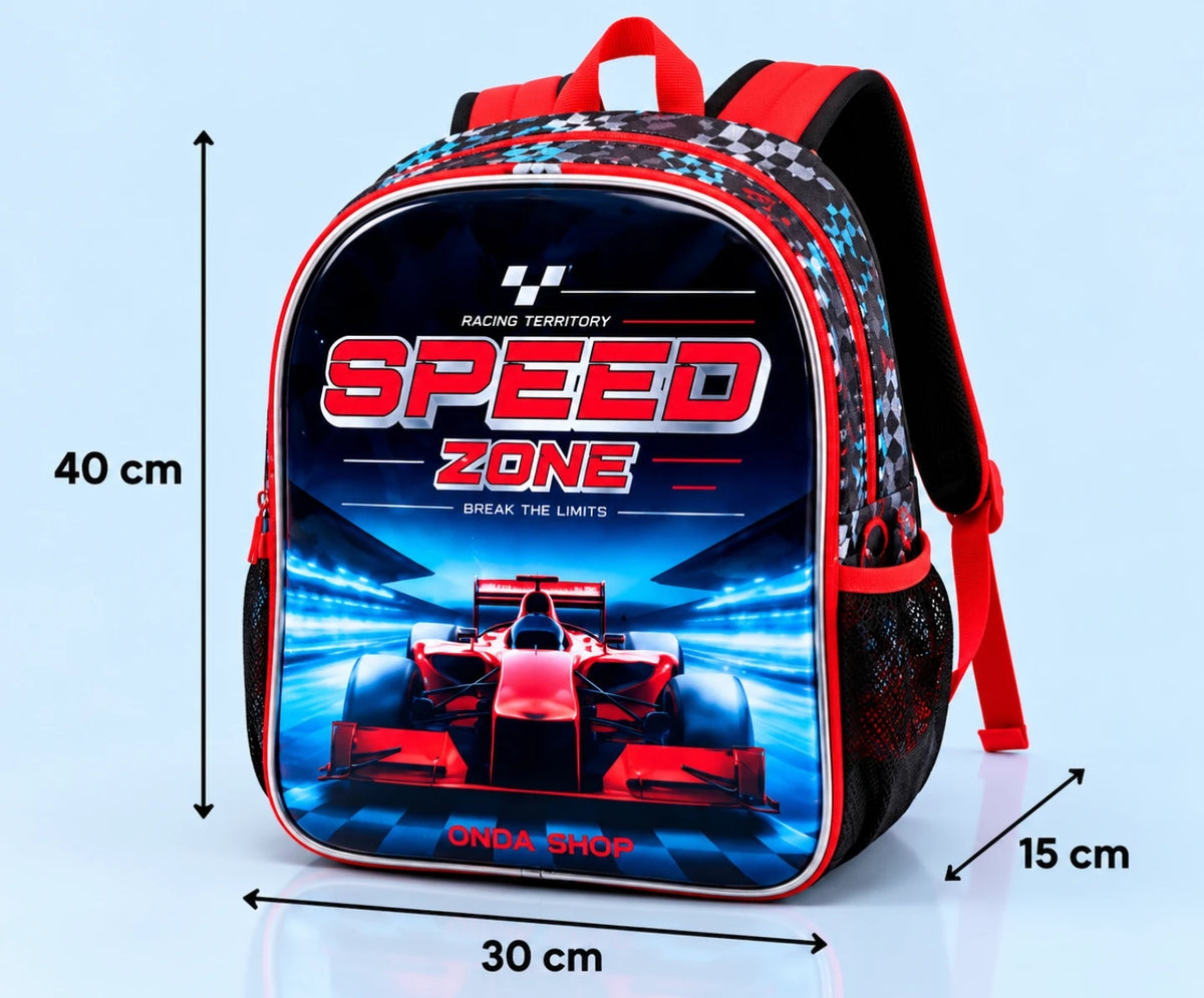 Mochila Escolar y Casual 40 × 30 × 15 cm · Diseño Speed Zone (carreras)
