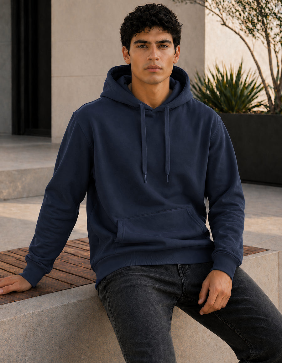 Sudadera Hombre Hoodie con Capucha Fleece · Bolsillo Canguro color Azul Marino