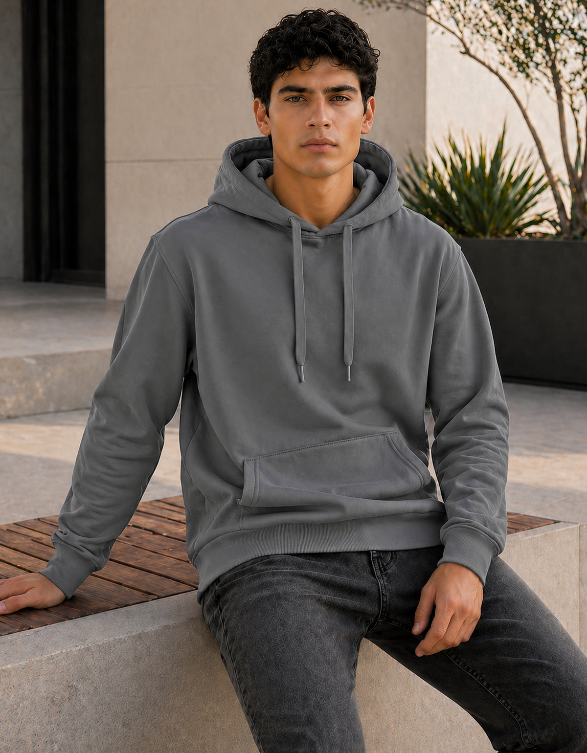 Sudadera Hombre Hoodie con Capucha Fleece · Bolsillo Canguro color Gris Oxford