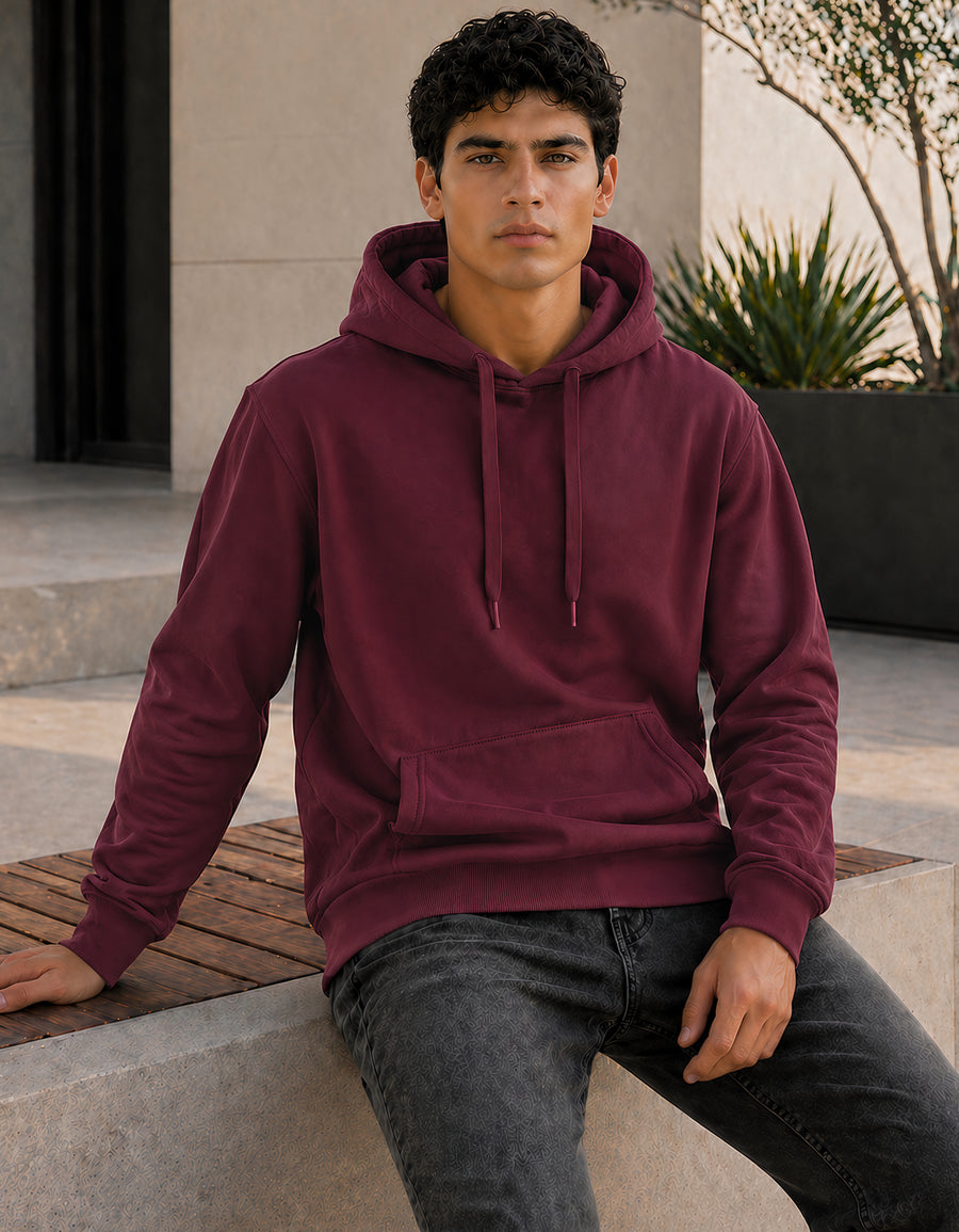 Sudadera Hombre Hoodie con Capucha Fleece · Bolsillo Canguro color Vino