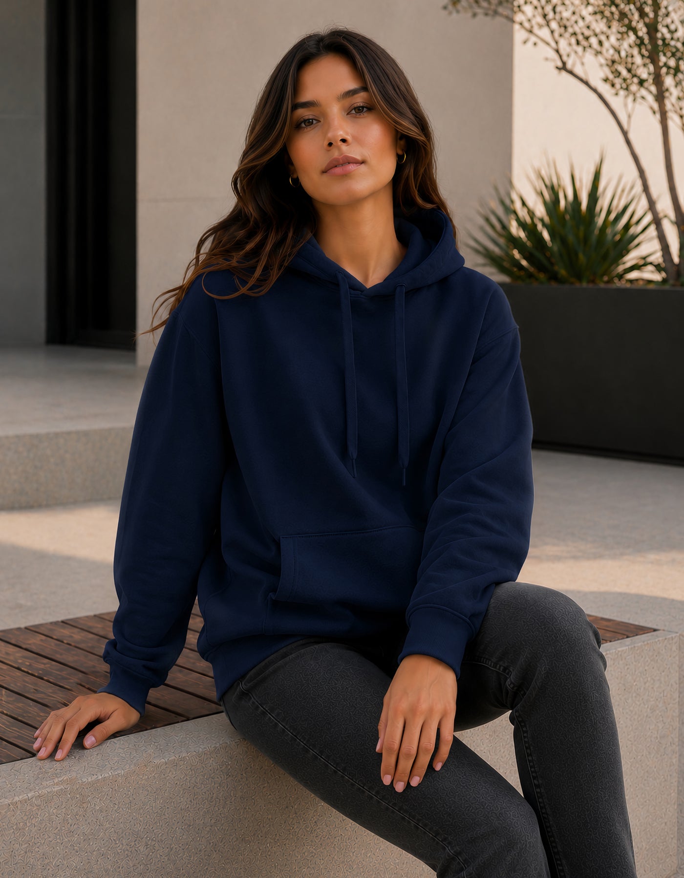 Sudadera Mujer Hoodie con Capucha Fleece · Bolsillo Canguro color Azul Marino